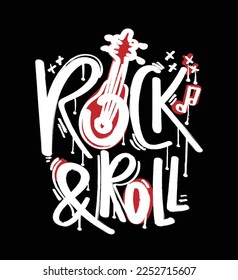 Rock and roll grunge text and guitar drawing. Vector illustration design for fashion graphics, prints, posters.