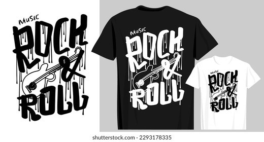 Rock and roll grunge typography, guitar drawing. T shirt design, fashion vector graphic, typographic poster or street urban wear.