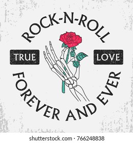 Rock and roll grunge typography for t-shirt with rose flower in skeleton hand. Fashion vintage print for apparel with slogan. Design tee clothes. Vector illustration.