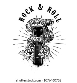 Rock and roll .Guitar head with snake and roses. Design element for poster, card, banner, emblem, t shirt. Vector illustration