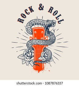 Rock and roll .Guitar head with snake and roses. Design element for poster, card, banner, emblem, t shirt. Vector illustration