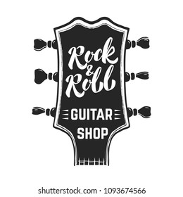 Rock and roll. Guitar headstock with lettering. Design elements for logo, label, emblem, sign, poster. Vector image