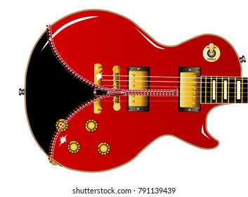A rock and roll guitar with a red body being unzipped to show a black guitar within