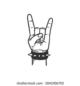 Rock and Roll Hand. Handgezeichnete Doodle-Skizze. Zeichnen von schwarzer Linie Musik Arm für Rock, Punk, Metal Schild. Einzige Vektorgrafik.