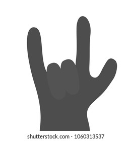 Rock & roll hand finger black silhouette shape icon. Rock and roll. Heavy metal gesture horns sign symbol. Music card. Flat design. Isolated. White background. Vector illustration