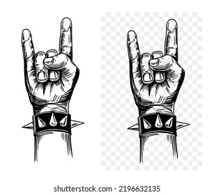 Gesto de rock and roll hand, señal. Esbozo de tinta negra, ilustración vectorial 