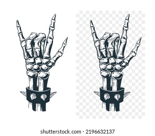 Gesto de rock and roll hand, señal. Mano de esqueleto. Esbozo de tinta negra, ilustración vectorial 