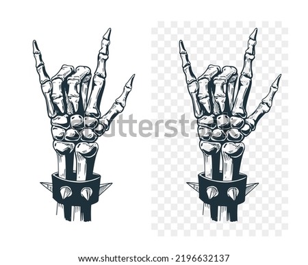 Rock and roll hand gesture, sign. Skeleton hand. Black ink sketch, vector illustration 