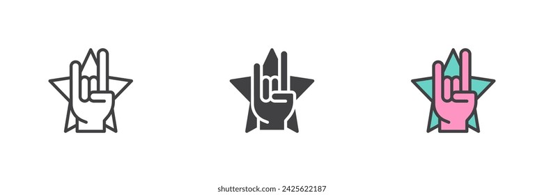 Gesto de mano de Rock and Roll y estrella diferente conjunto de iconos de estilo. Línea, glifo y contorno relleno versión colorida, contorno y signo de vector relleno. Símbolo de estrella de rock, ilustración de logotipo. Gráficos vectoriales