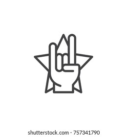 Rock And Roll Hand Gesture And Star Line Icon, Outline Vector Sign, Linear Style Pictogram Isolated On White. Symbol, Logo Illustration. Editable Stroke