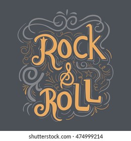 Rock and Roll hand lettering with vintage hand drawn background 