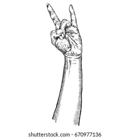 Rock and Roll hand sign. Hand drawn girl style fist demon symbol. Female wrist evil finger gesture. Woman hand showing Satan sign. Girly forearm music sketch style isolated on white. Vector.