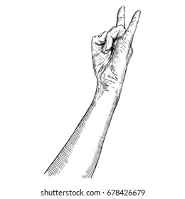 Rock and Roll hand sign. Hand drawn man style fist demon symbol. Male wrist evil finger gesture. Manly hand showing Satan sign. Boy forearm music sketch style isolated on white. Vector.