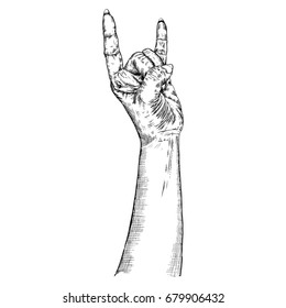 Rock and Roll hand sign. Hand drawn girl style fist demon symbol. Female wrist evil finger gesture. Woman hand showing Satan sign. Girly forearm music sketch style isolated on white. Vector.