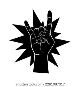 Rock and roll hand sign. Goat gesture in cartoon style. Vector hand drawn illustration with contour.