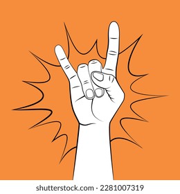 Rock and roll hand sign. Goat gesture in cartoon style. Vector hand drawn illustration with contour.