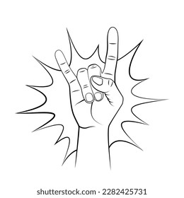 Rock and roll hand sign. Goat gesture in cartoon style. Vector hand drawn illustration with contour.