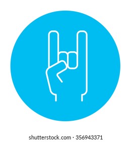 Rock and roll hand sign line icon for web, mobile and infographics. Vector white icon on the light blue circle isolated on white background.