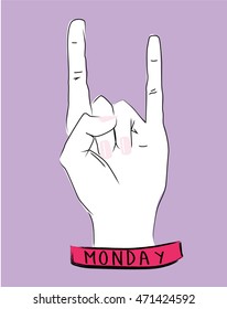Rock and Roll hand sign with monday banner.