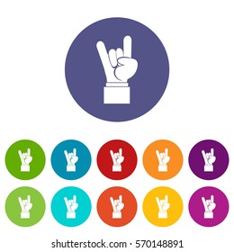 Rock and Roll hand sign set icons in different colors isolated on white background
