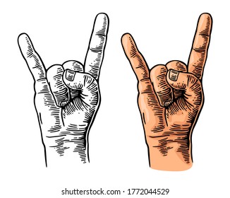 Rock and Roll hand sign. Vector color vintage engraving illustration. Hand giving the devil horns gesture