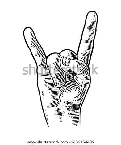 Rock and Roll hand sign. Vector black vintage engraving illustration. Hand giving the devil horns gesture.