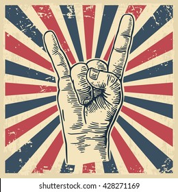 Rock   Roll hand sign  Vintage vector engraving illustration for info graphic  poster  web 