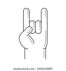 Icono de línea vectorial de mano rocosa y rollo aislado en fondo blanco. Icono de línea de mano de rock y roll para infografía, sitio web o aplicación. Icono diseñado en un sistema de cuadrícula.