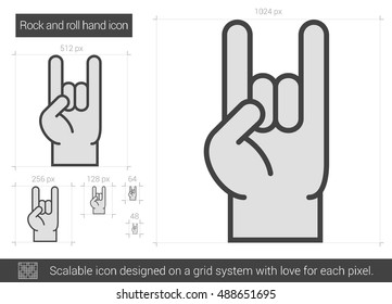 Icono de línea vectorial de mano rocosa y rollo aislado en fondo blanco. Icono de línea de mano de rock y roll para infografía, sitio web o aplicación. Icono escalable diseñado en un sistema de cuadrícula.