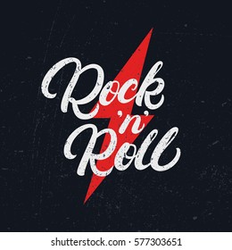 Rock and Roll hand written lettering text for tee print, banner, poster. Modern brush calligraphy. Grunge texture. Vector illustration.