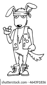 Rock and roll, heavy metal dog character, with bandanna, and denim vest, vector illustration, isolated on white