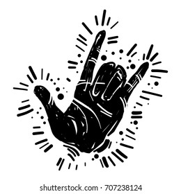 Rock and Roll heavy metal gesture sign. Hand drawn festival poster, flyer. Grunge template, ink illustration. Alternative music symbol with rays, sunburst. 