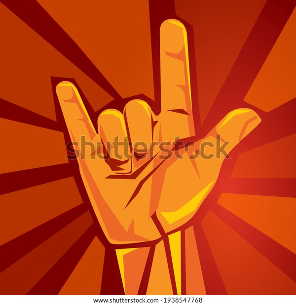 Rock and roll or Heavy Metal hand\
sign horns party hard symbol red retro rocker band\
gesture