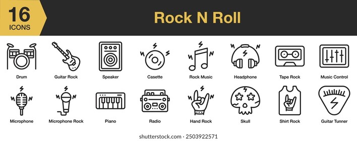 Rock And Roll icon set. Includes cassette, hand rock, piano, guitar, guitar tuner, and More. Outline icons vector collection.