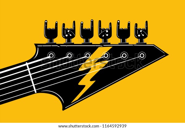 Rock and Roll. Indie festival and party template.\
Hardrock music poster with guitar and human hand. Vector\
illustration for heavy metal\
fans.
