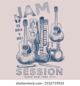 rock and roll. jam session. guitar dram music box. vintage rock'n'roll prints. grunge effect. t shirt design. music instrument. raid new York city slogan text. summer tee art. poster design