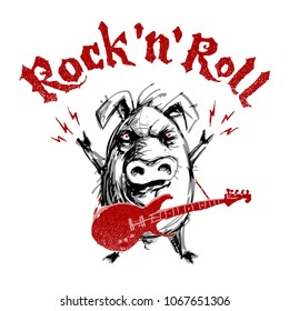 Rock And Roll Lettering With Cartoon Pig. Eps8. RGB Global Colors