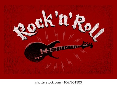 Rock and Roll lettering. Electric guitar on red grunge background. Eps8. RGB. Global colors