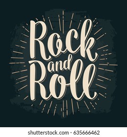 Rock and Roll lettering with rays. Vintage vector illustration for poster, web. Isolated on dark background.