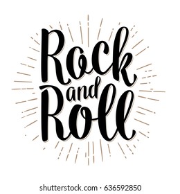 Rock and Roll lettering with rays. Vintage black vector illustration for poster, web. Isolated on white background.