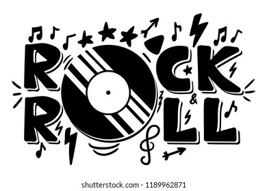 Rock and Roll Lettering for t-shirt, sticker, print, fabric, cloth. Vintage hand drawn monochrome music badge. Retro hipster sound emblem for card, concert flyer, fest, postcard, label, poster. Vector