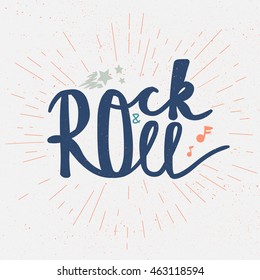 Rock and Roll Lettering for t-shirt, sticker, print, fabric, cloth. Vintage hand drawn music badge. Retro hipster musical sound emblem for card, concert flyer, fest, postcard, label, poster. Vector
