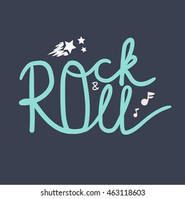 Rock and Roll Lettering for t-shirt, sticker, print, fabric, cloth. Vintage hand drawn music badge. Retro hipster musical sound emblem for card, concert flyer, fest, postcard, label, poster. Vector