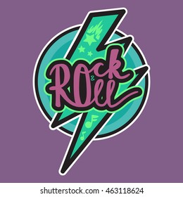 Rock and Roll Lettering for t-shirt, sticker, print, fabric, cloth. Vintage hand drawn music badge. Retro hipster musical sound emblem for card, concert flyer, fest, postcard, label, poster. Vector