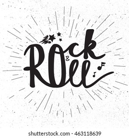 Rock and Roll Lettering for t-shirt, sticker, print, fabric, cloth. Vintage hand drawn monochrome music badge. Retro hipster sound emblem for card, concert flyer, fest, postcard, label, poster. Vector