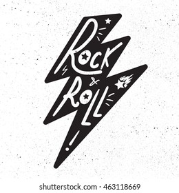 Rock and Roll Lettering for t-shirt, sticker, print, fabric, cloth. Vintage hand drawn monochrome music badge. Retro hipster sound emblem for card, concert flyer, fest, postcard, label, poster. Vector