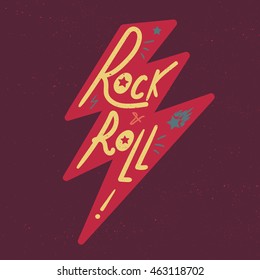 Rock and Roll Lettering for t-shirt, sticker, print, fabric, cloth. Vintage hand drawn music badge. Retro hipster musical sound emblem for card, concert flyer, fest, postcard, label, poster. Vector