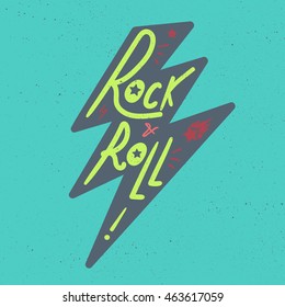 Rock and Roll Lettering for t-shirt, sticker, print, fabric, cloth. Vintage hand drawn music badge. Retro hipster musical sound emblem for card, concert flyer, fest, postcard, label, poster. Vector