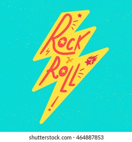 Rock and Roll Lettering for t-shirt, sticker, print, fabric, cloth. Vintage hand drawn music badge. Retro hipster musical sound emblem for card, concert flyer, fest, postcard, label, poster. Vector