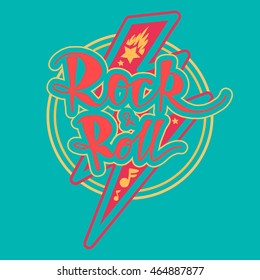 Rock and Roll Lettering for t-shirt, sticker, print, fabric, cloth. Vintage hand drawn music badge. Retro hipster musical sound emblem for card, concert flyer, fest, postcard, label, poster. Vector